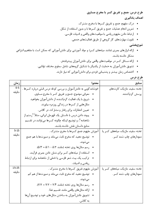 طرح درس ریاضی آموزش جمع و تفریق کسر ها با مخرج های مساوی