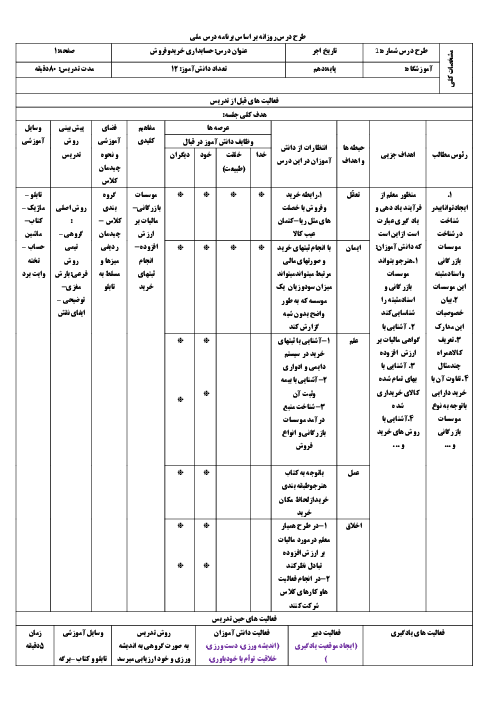 طرح درس روزانه حسابداری خرید و فروش دهم  | پودمان ١: حسابداری خرید کالا