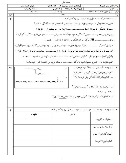 امتحان ترم اول شیمی (3) دوازدهم دبیرستان نمونه دولتی اسلامیه | دی 1397