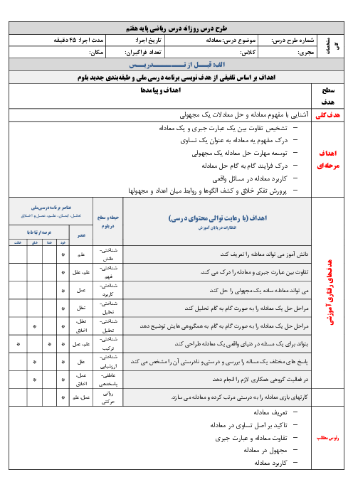 طرح درس بلوم معادله