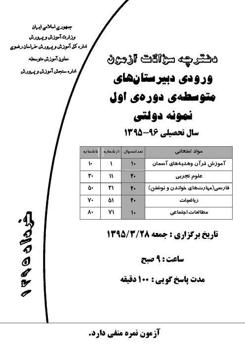 سوالات و پاسخ تشریحی آزمون ورودی پايه هفتم دبيرستان های نمونه دولتی دوره اول متوسطه سال تحصيلی 96-95 | استان خراسان رضوی و کرمان