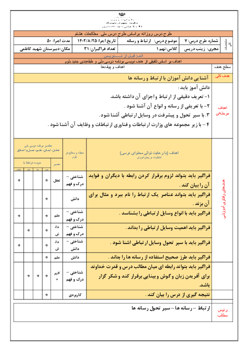 طرح درس 7: ارتباط و رسانه | مطالعات پایه هشتم
