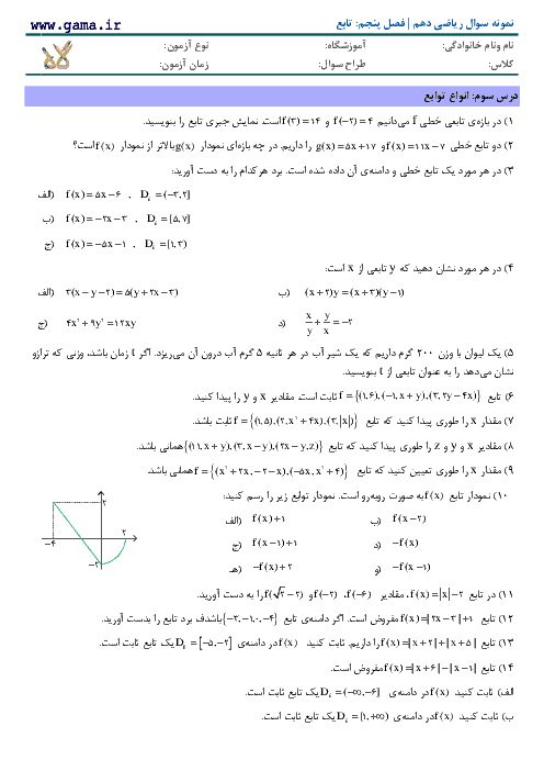 تمرین تکمیلی ریاضی (1) دهم  رشته ریاضی و تجربی | فصل پنجم- درس 3: انواع توابع