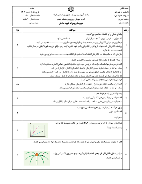 نمونه سوال نوبت اول فیزیک یازدهم تجربی دی 1404 دبیرستان شهید صادقی