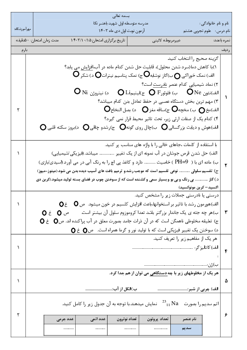 آزمون نوبت اول علوم هشتم مدرسه شهید باهنر دی ماه 1403