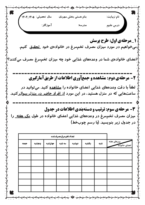 کاربرگ مهارتی درس 1: جمع آوری و دسته‌بندی اطلاعات | کتاب درسی علوم سوم دبستان