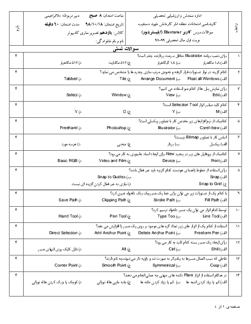 آزمون نوبت اول کاربر Adobe Illustrator یازدهم هنرستان کاردانش ذوالفقاری | دی 1398 