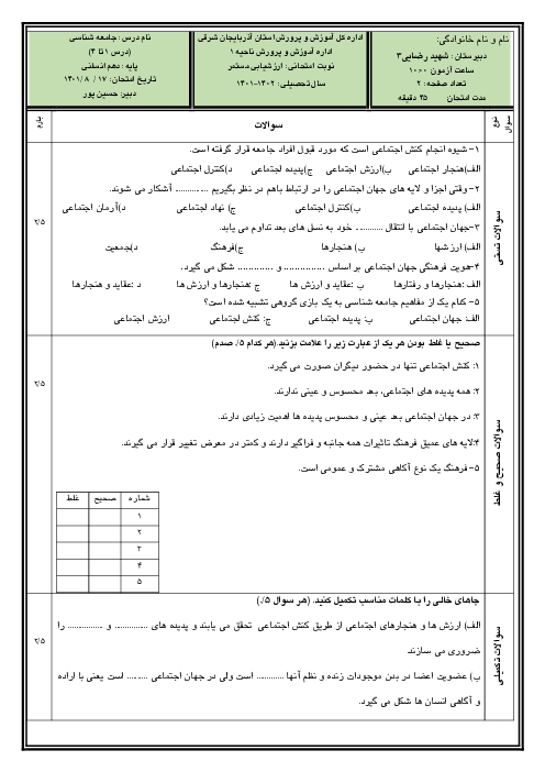 آزمون جامعه شناسی (1) دهم دبیرستان شهید رضایی تبریز | درس 1 تا 4