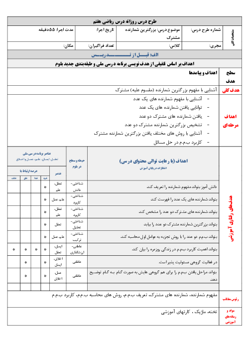 طرح درس بلوم بزرگ ترین مقسوم علیه مشترک (ب.م.م)