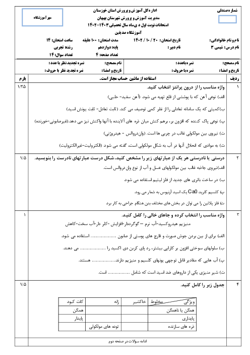 امتحان نوبت اول دی 1402 شیمی دوازدهم دبیرستان صدیقین