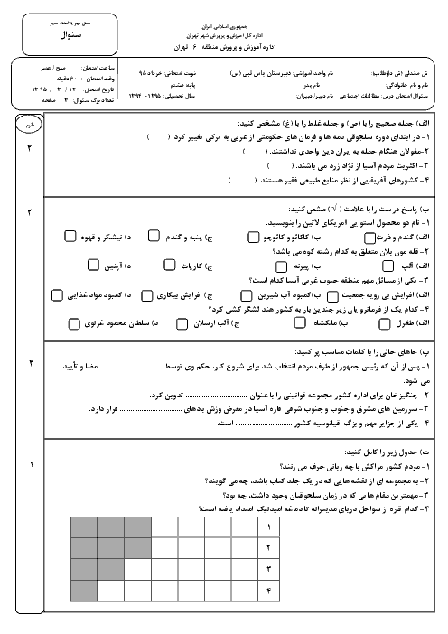  آزمون نوبت دوم مطالعات اجتماعی هشتم | دبیرستان یاس نبی | خرداد 95