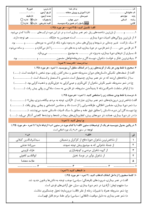 آزمون تشریحی درس 4 فنون 3 دبیرستان سروش