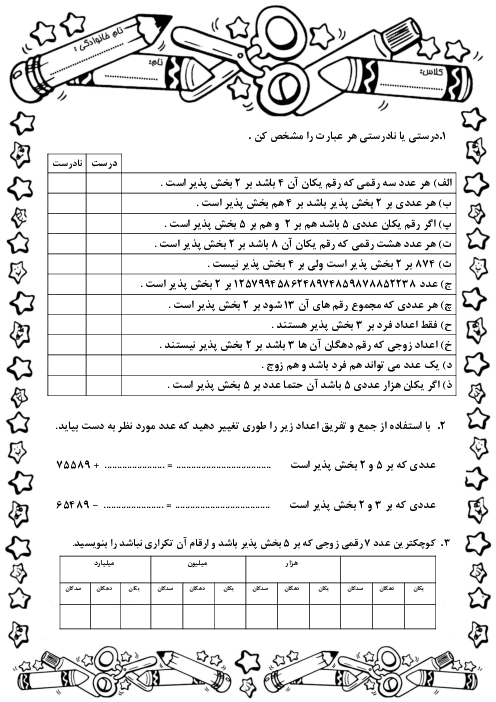 آزمونک بخش پذیری ریاضی پایه ششم