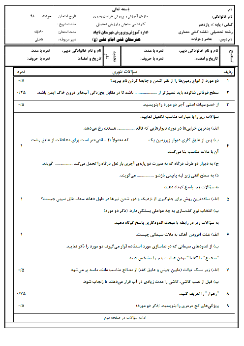 آزمون نوبت دوم عناصر و جزییات یازدهم هنرستان امام علی (ع) | خرداد 1398