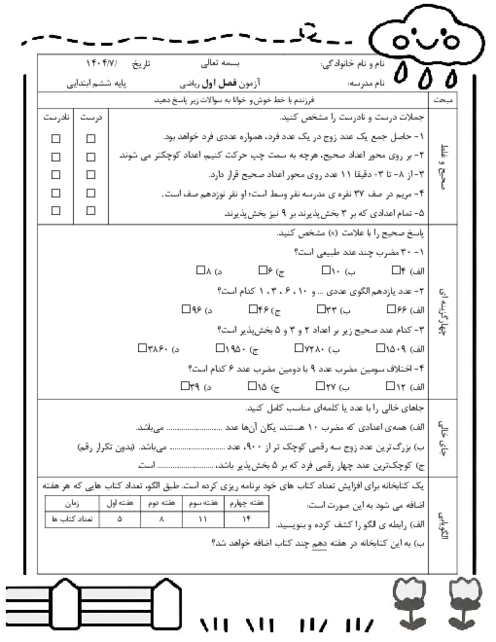 آزمون فصل اول ریاضی ششم 