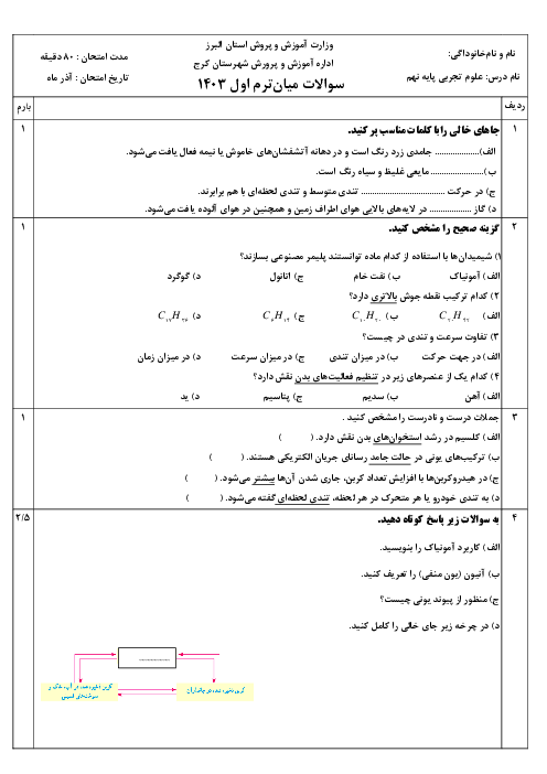 آزمون میان نوبت فصل 1 تا 4 علوم نهم مدرسه واله