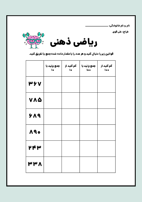 کاربرگ جمع و تفریق ذهنی اعداد سه رقمی
