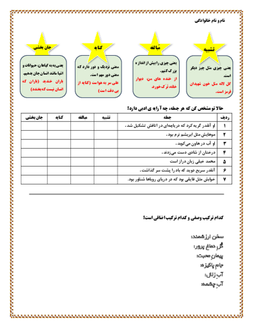 کاربرگ آرایه های ادبی (کنایه، مبالغه، تشبیه، تشخیص) فارسی ششم