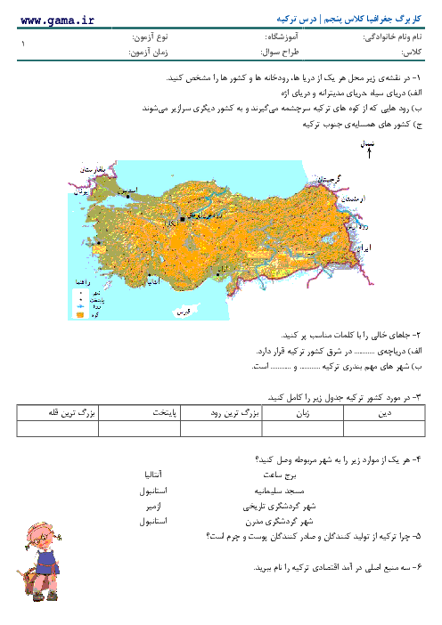 کاربرگ عملکردی مطالعات اجتماعی کلاس پنجم دبستان | درس ترکیه