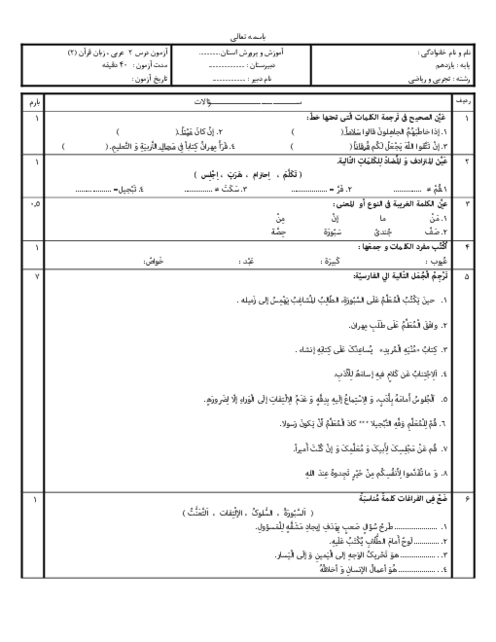 آزمون درس 2 عربی 2 یازدهم تجربی و ریاضی