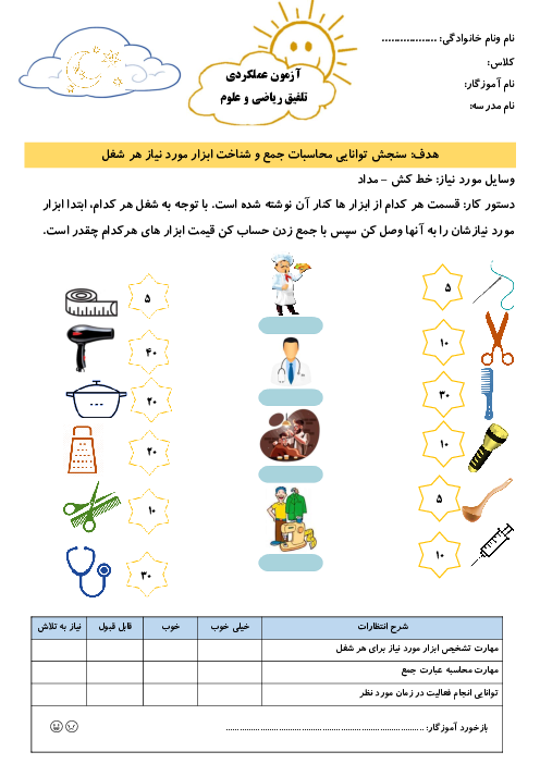 آزمون عملکردی تلفیقی ریاضی و علوم و فارسی اول دبستان | آذرماه 1400