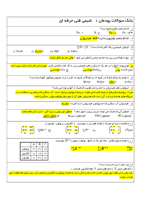 سوالات امتحانی پرتکرار شیمی فنی یازدهم | فصل 1: ساختار اتم و مفاهیم پایه شیمی