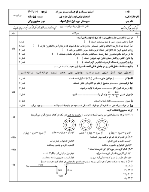 آزمون نوبت اول علوم نهم (فصل 1 تا پایان فصل 6) مدرسه اقبال