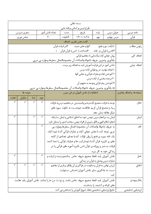 طرح درس روزانه ملی بلوم قرآن نهم مدرسه سهروردی | درس 4