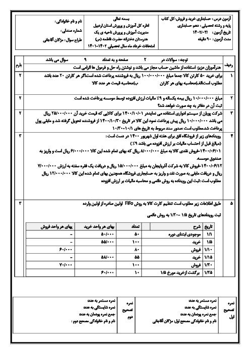 آزمون عملی نوبت دوم حسابداری خرید و فروش دهم هنرستان فاطمه