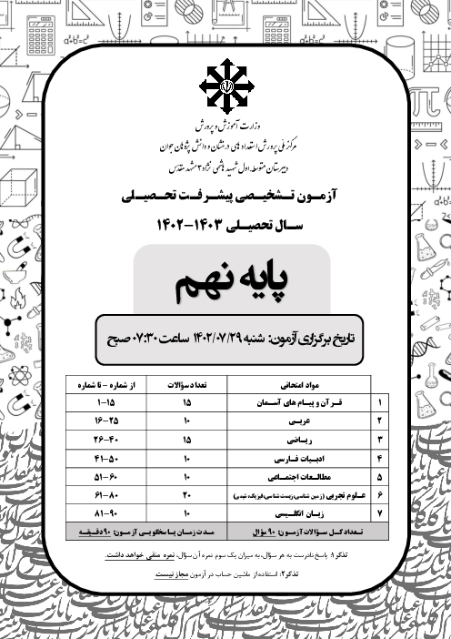 آزمون تشخیصی پیشرفت تحصیلی پایه نهم مدرسه تیزهوشانشهید هاشمی نژاد مرحله مهر ماه 1402