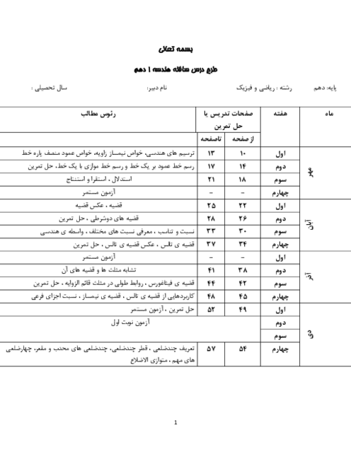 طرح درس سالانه هندسه 1 دهم ریاضی 