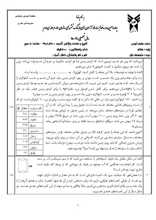 چهاردهمین دوره فعالیت ها و آزمون های هماهنگ تشریحی درس علوم هفتم سازمان سما | فروردین 96