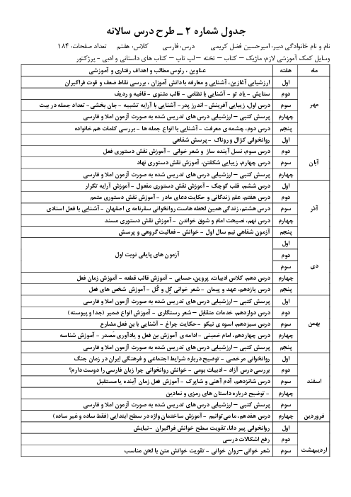 طرح درس فارسی هفتم