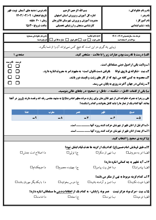 آزمون هدیه ها ششم خرداد 1403 شهرستان فلاورجان (نوبت صبح و عصر)