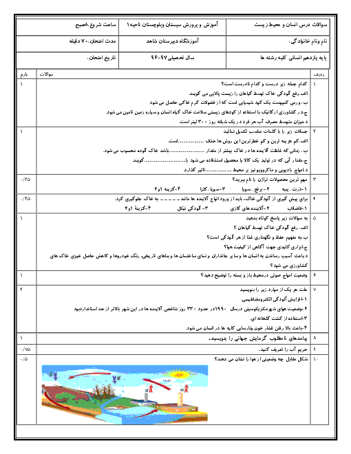 آزمون نوبت اول انسان و محیط زیست یازدهم دبیرستان گوهر شاد | دی 97