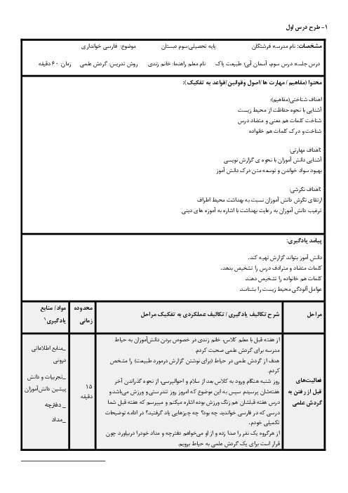 طرح درس روزانه فارسی سوم دبستان مبتنی بر روش گردش علمی | درس 3: آسمان آبی؛ طبیعت پاک