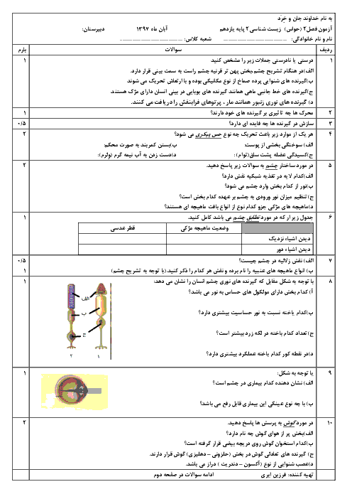 آزمون زیست شناسی (2) یازدهم تجربی | فصل 2: حواس