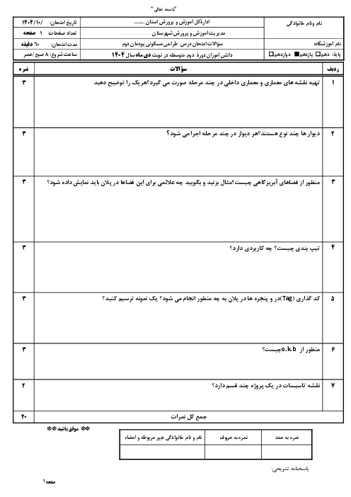 نمونه سوال تشریحی پودمان 2 درس معماری داخلی فضاهای مسکونی: طراحی فضاهای داخلی مسکونی