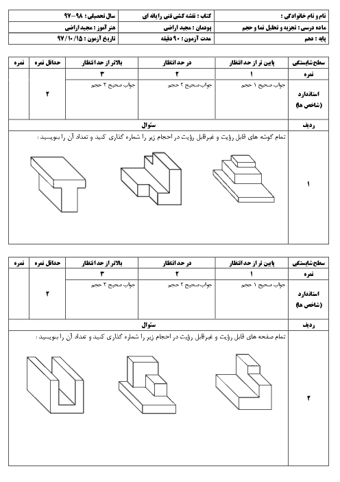 امتحان تئوری و عملی نقشه کشی فنی رایانه‌ای- گروه برق دهم هنرستان فنی شعف | پودمان 2: تجزیه و تحلیل نما و حجم