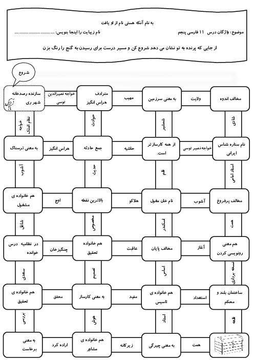 کاربرگ خلاق واژگان درس 11 فارسی پنجم: نقش خردمندان