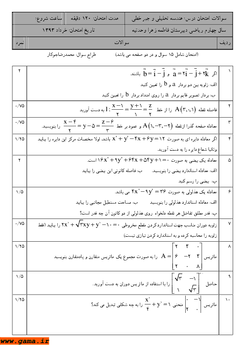 امتحان هندسه تحلیلی و جبرخطی خرداد 1393| دبیرستان فاطمه زهرا وحدتیه