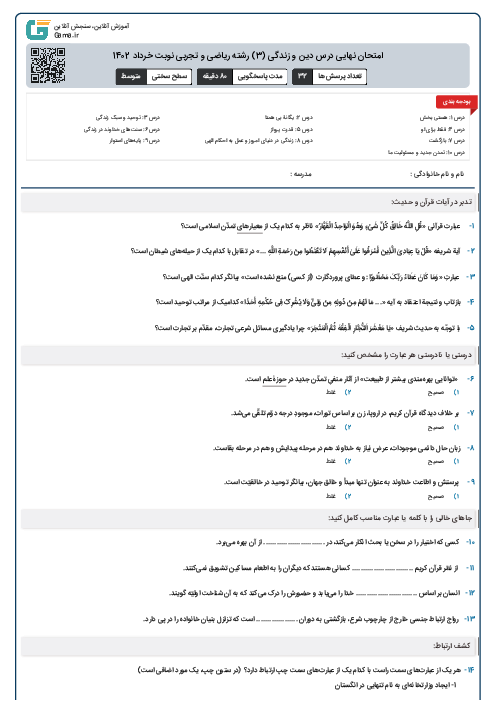 امتحان نهایی درس دین و زندگی (3) رشته ریاضی و تجربی نوبت خرداد 1402