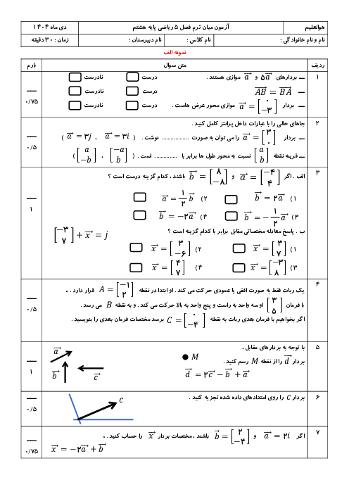 نمونه سوالات فصل 5 ریاضی هشتم با پاسخنامه؛ بردار و مختصات
