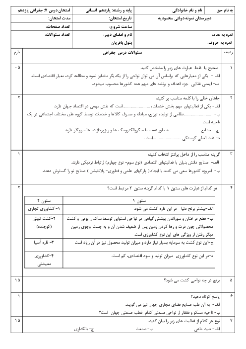 آزمون درس 7: نواحی اقتصادی (کشاورزی و صنعت) کتاب جغرافیا 2 پایه یازدهم