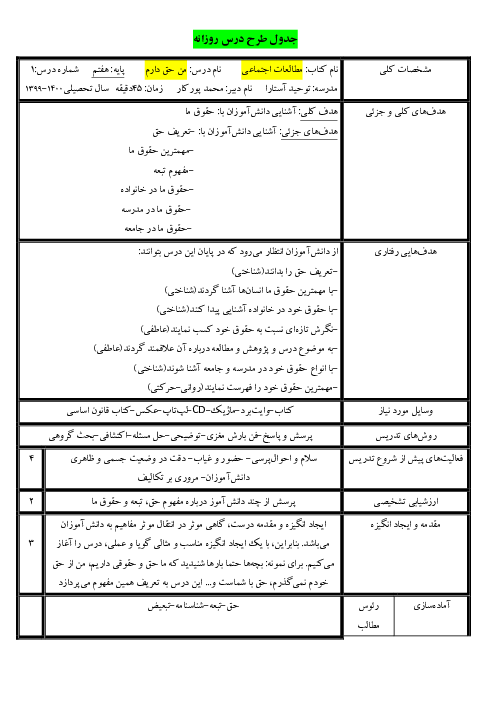 جدول طرح درس روزانه مطالعات اجتماعی هفتم | درس 1 و 2