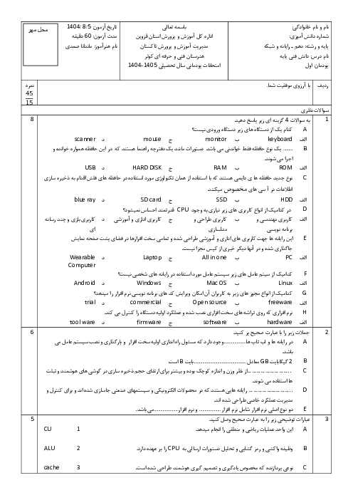 نمونه سوال پودمان 1: مفاهیم پایه سخت افزار و نرم افزار | دانش فنی پایه دهم رشته شبکه و نرم افزار رایانه