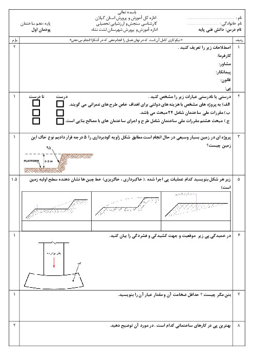 امتحان پودمان اول دانش فنی پایه رشته ساختمان: ضوابط فنی و مراحل اجرای ساختمان
