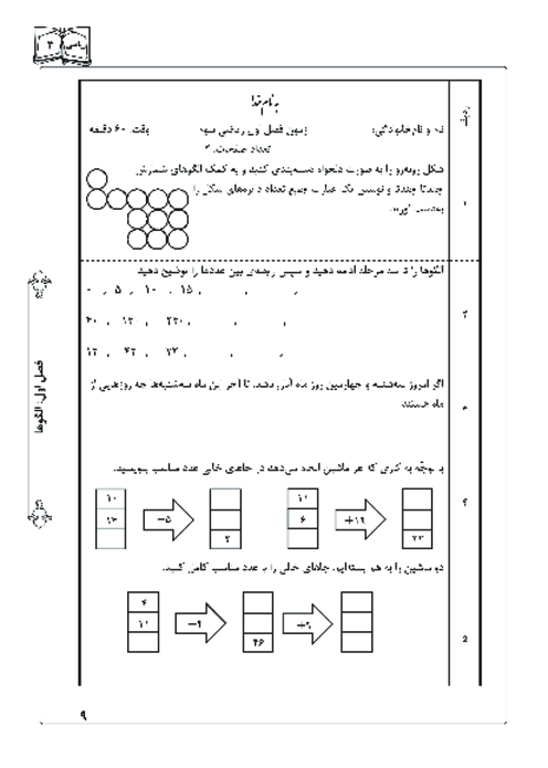 آزمونک فصل 1 ریاضی کلاس سوم ابتدائی