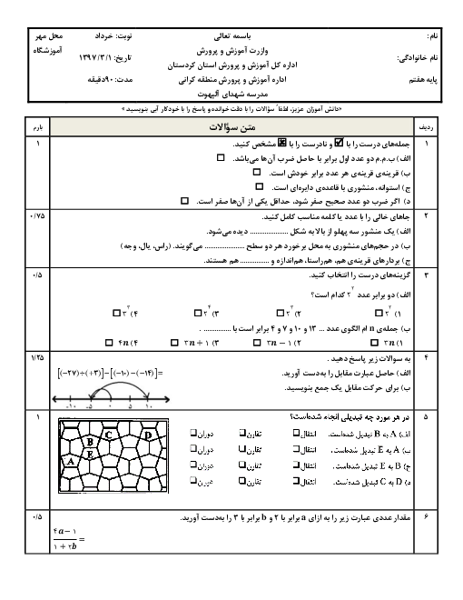 سوالات امتحان نوبت دوم ریاضی هفتم مدرسه الپهوت | خرداد 1397