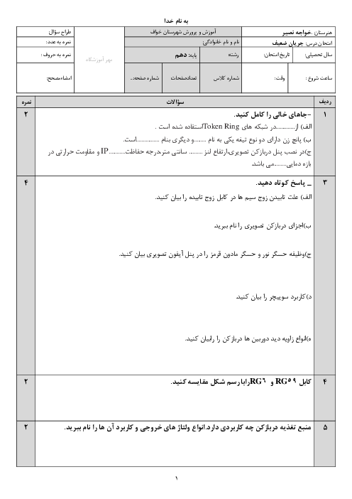 امتحان طراحی و نصب تأسیسات جریان ضعیف دهم هنرستان | پودمان 1: کابل و اتصالات جریان ضعیف، آیفون تصویری